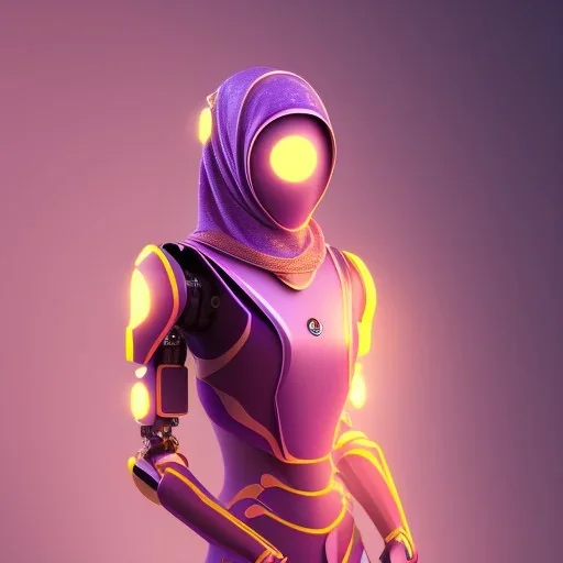 Cute girl in a robotic hijab suit,purple and pink backlight, orange lighting, profile