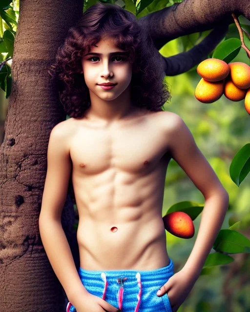 beautiful 12 year old arabic boy with long, curly hair and light blue eyes, smiling, shirtless, in front of a distant mango tree