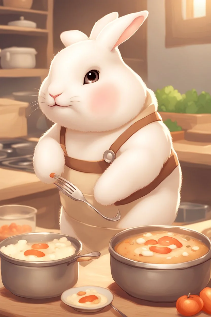 Cute chubby bunny boy floppy ears adventurer dnd cooking art realism