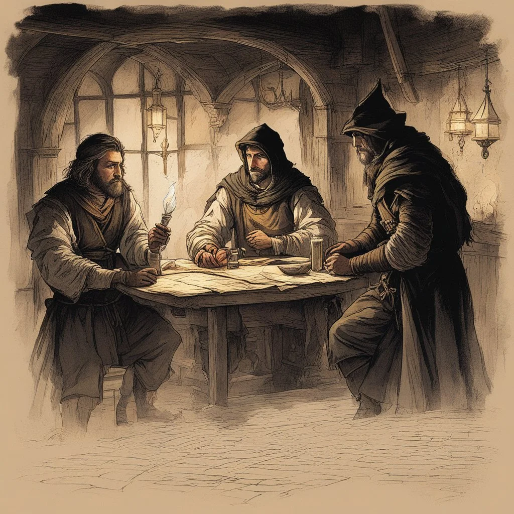 In a dimly lit tavern, shadows danced across the faces of three medieval adventurers - two men and one woman. Their expressions masked by the flickering candlelight, they traded maps drawn on parchment yellowed with age, fingers tracing paths through uncharted lands leading to untold riches. The ambiance was heavy, devoid of smiles and filled with an undercurrent of anticipation.