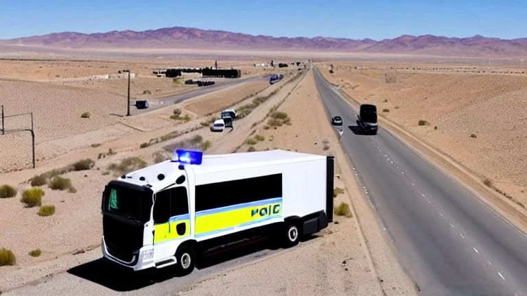 A police Tesla Cybertruck is chasing a Tesla 'Model S Plaid' at top speed, across the 'Area 51' facility in the USA. CINEMATIC. WIDE ANGLE LENS.