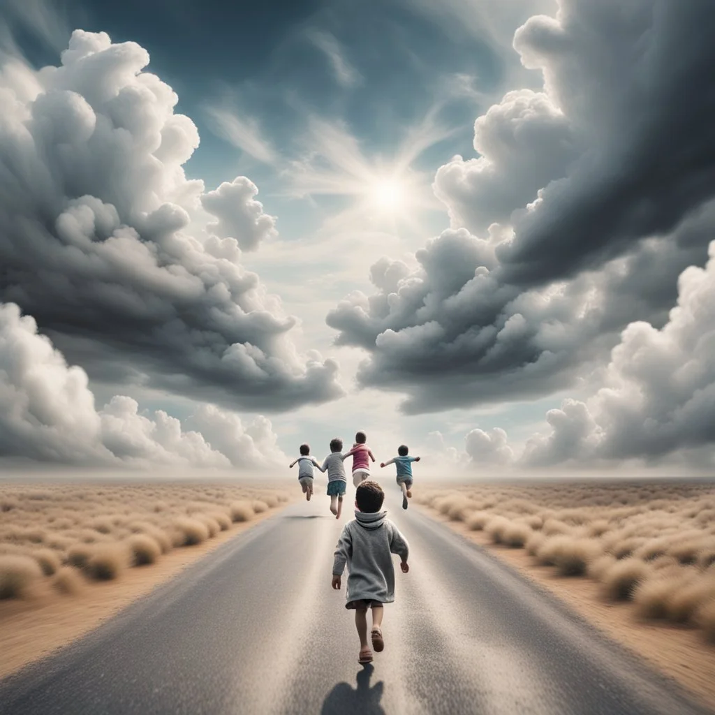 Hyper Realistic Aerial Back View Of Lots Of Children (Male Female Both Children Wearing Keffiyeh) Happily Running On Cloudy Road Towards Heaven On Sky With White Clouds Around ThemAt Cloudy-Day Environment Showing Dramatic & Cinematic Ambiance.