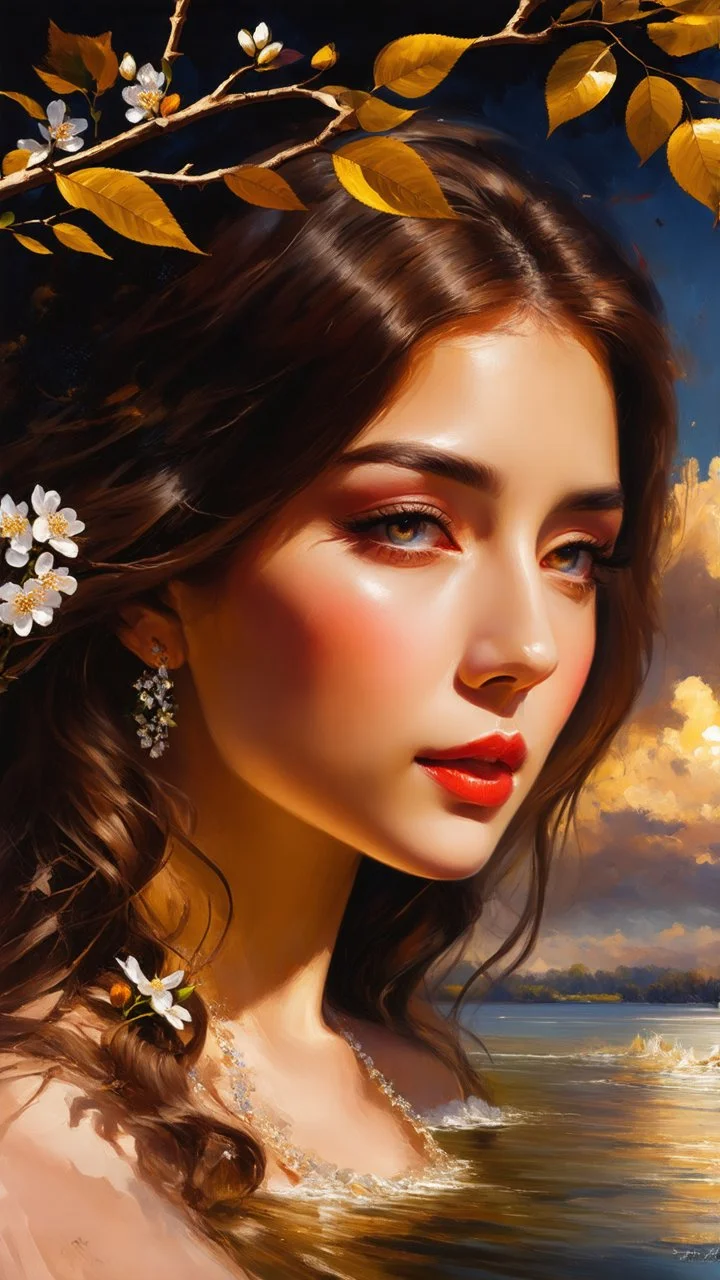 view of beautiful women at the golden hour with clouds at the sky on a river with gold branch ,leaves and white flowers on the side ,oil paint style