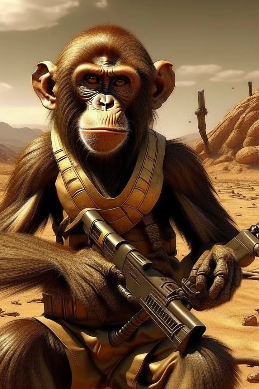 Show me angry monkey, but this monkey has in left hand AK - 47. This monkey is on the Mars and around this monkey is field of corn. And behind this monkey is Elon Musk.