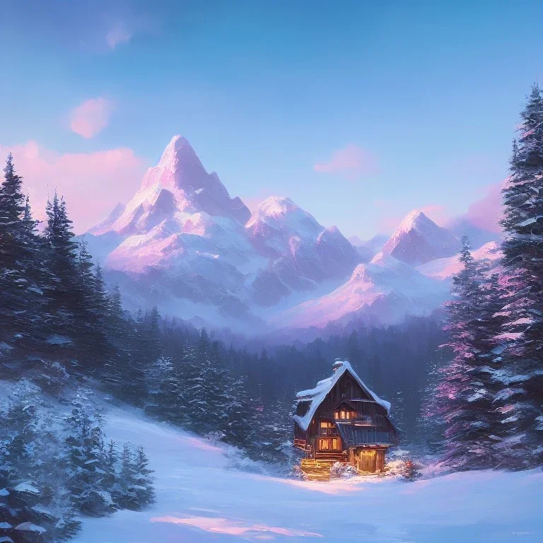 landscape mountain small cabin snow, oil painting, pink, blue, white colors, bob ross style, detailed