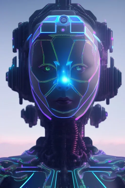 holographic projection of an AI head hovering over an cyberpunk landscape in the distance, a small human walking towards the head, high quality, 4k resolution, high details