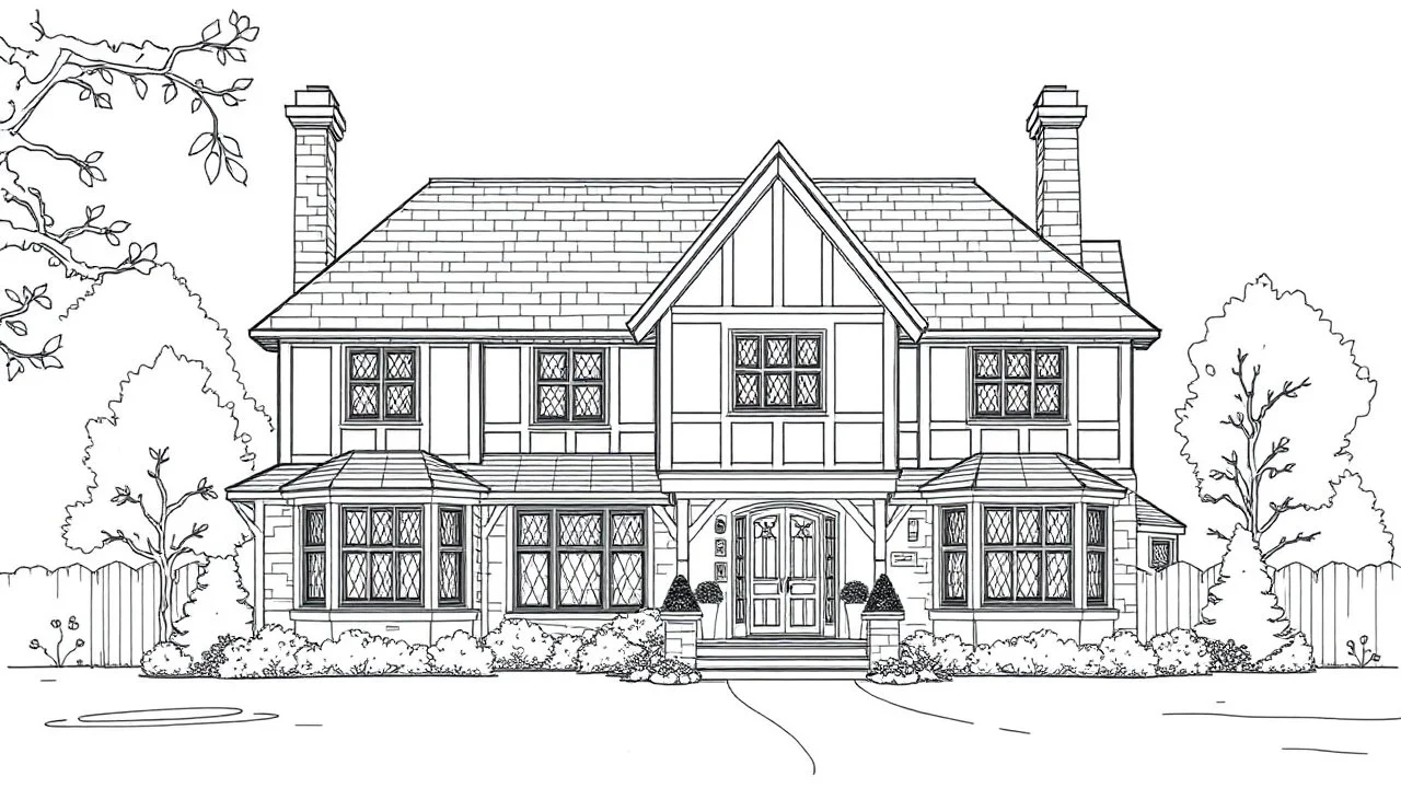 A front elevation fine line drawing of a fantasy Tudor farmhouse.