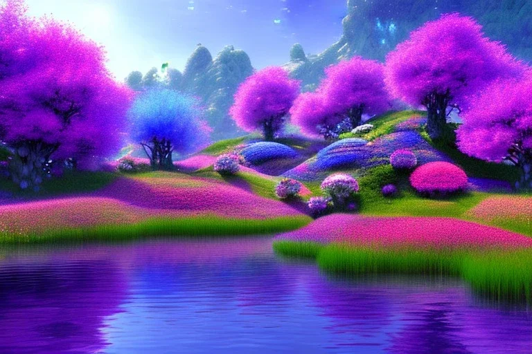 monde en fleurs, blue lake, flower tree-houses, concept art, crépuscule , fuksia bleu oranger, vibrant Color, réaliste, riviere bleu, tree-house bougainvillier, roses