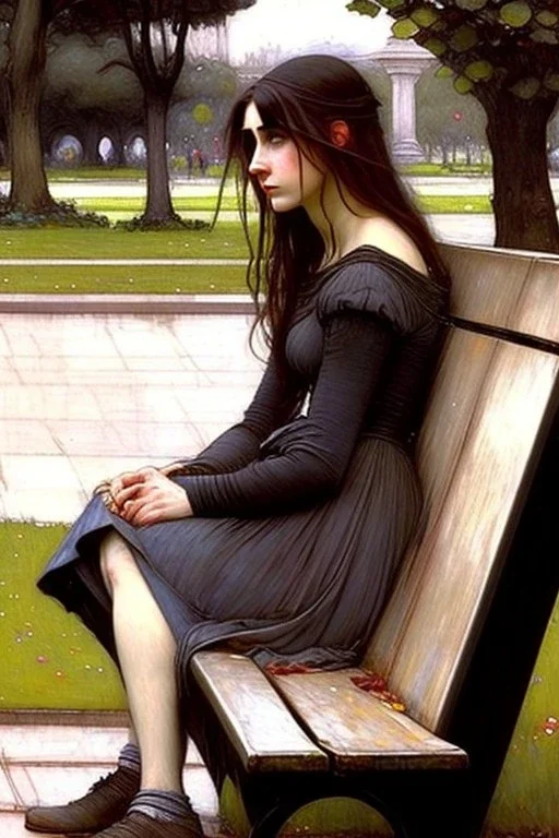 Woman tired sitting on a park bench. John William Waterhouse