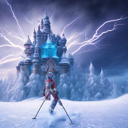 flying warrior in front of ice castle, ski tracks and blue storm clouds and burning lightening