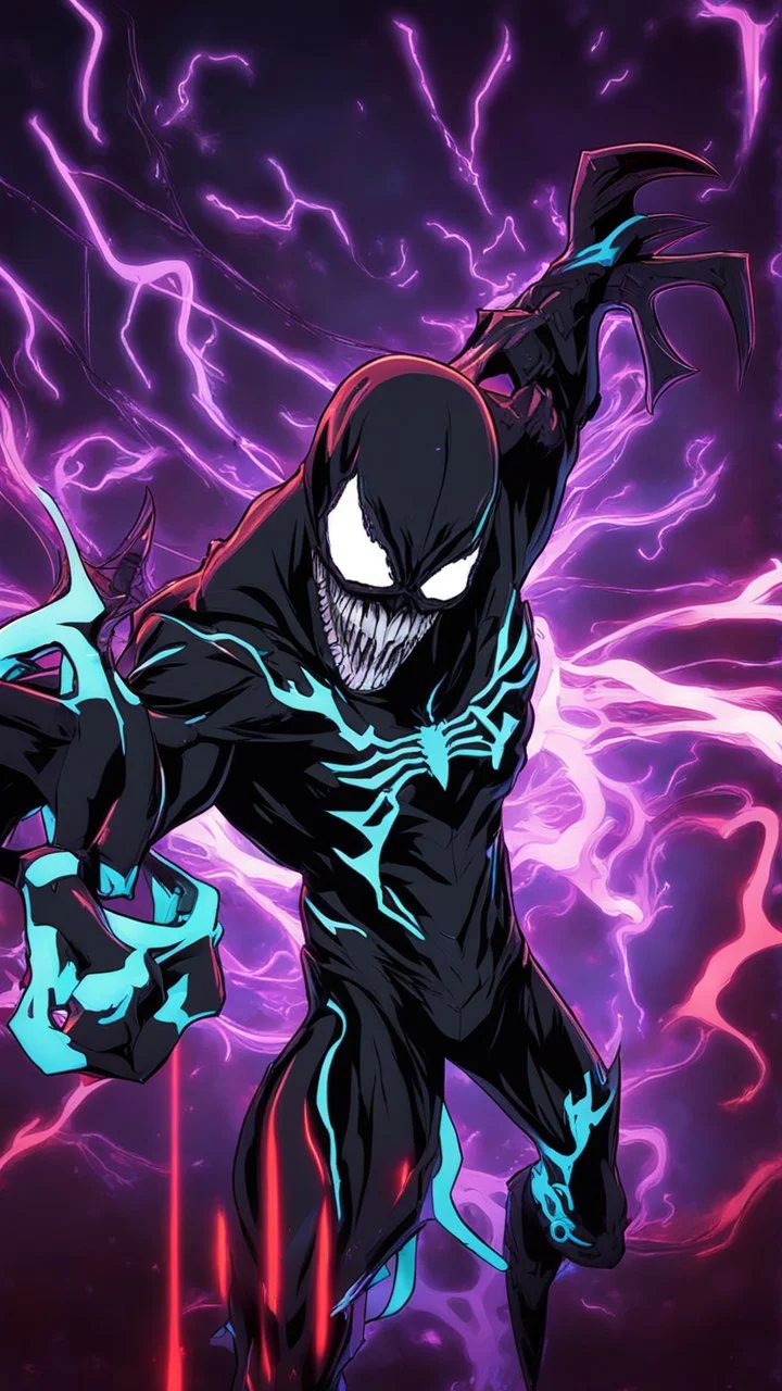 Mix between venom symbiote and Reaper in solo leveling shadow style with neon glowing blue