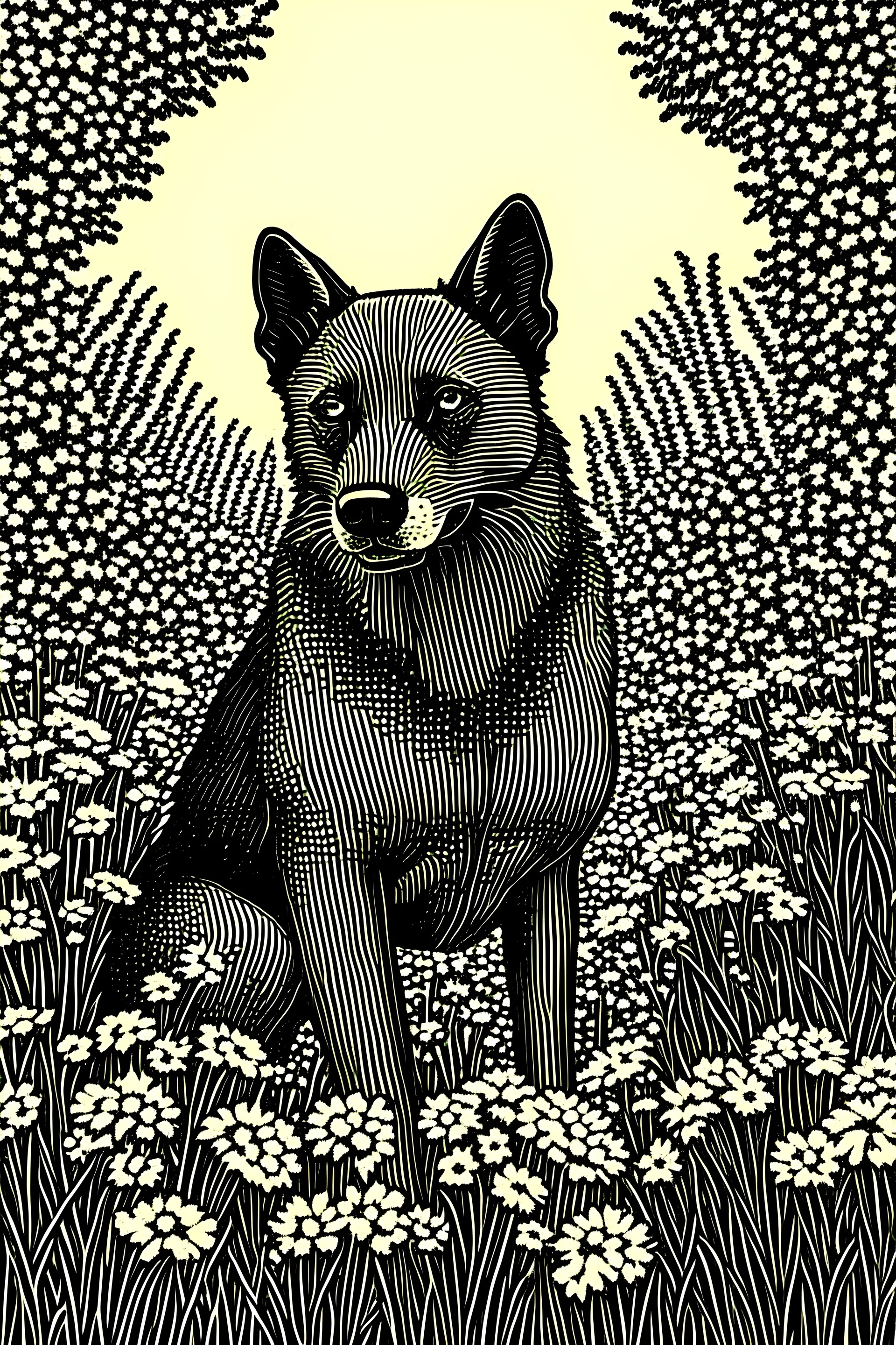 un perro dorgi en medio de un jardín lleno de flores en xilografía de duotono