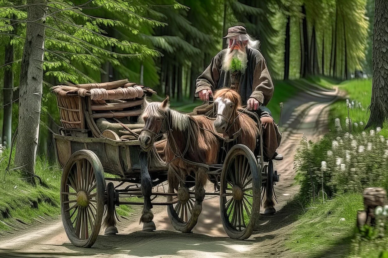 old man driving 2 wheel cart stopped by bandits on horseback on the forest road