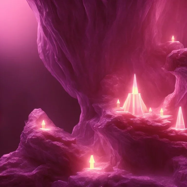 single pink crystal, on an altar in a foggy cave, cinematic,