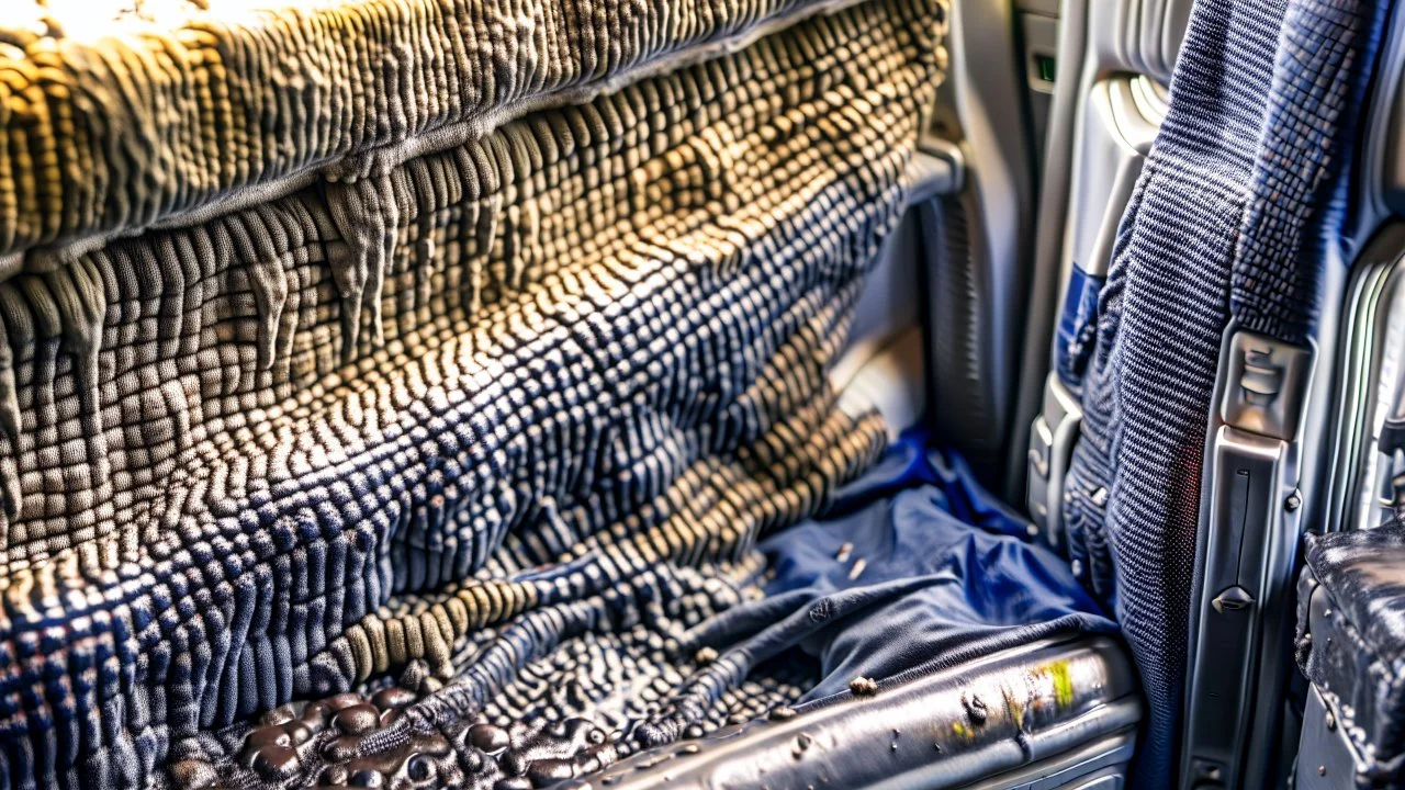 close up of wet sweat spot on airplane seat