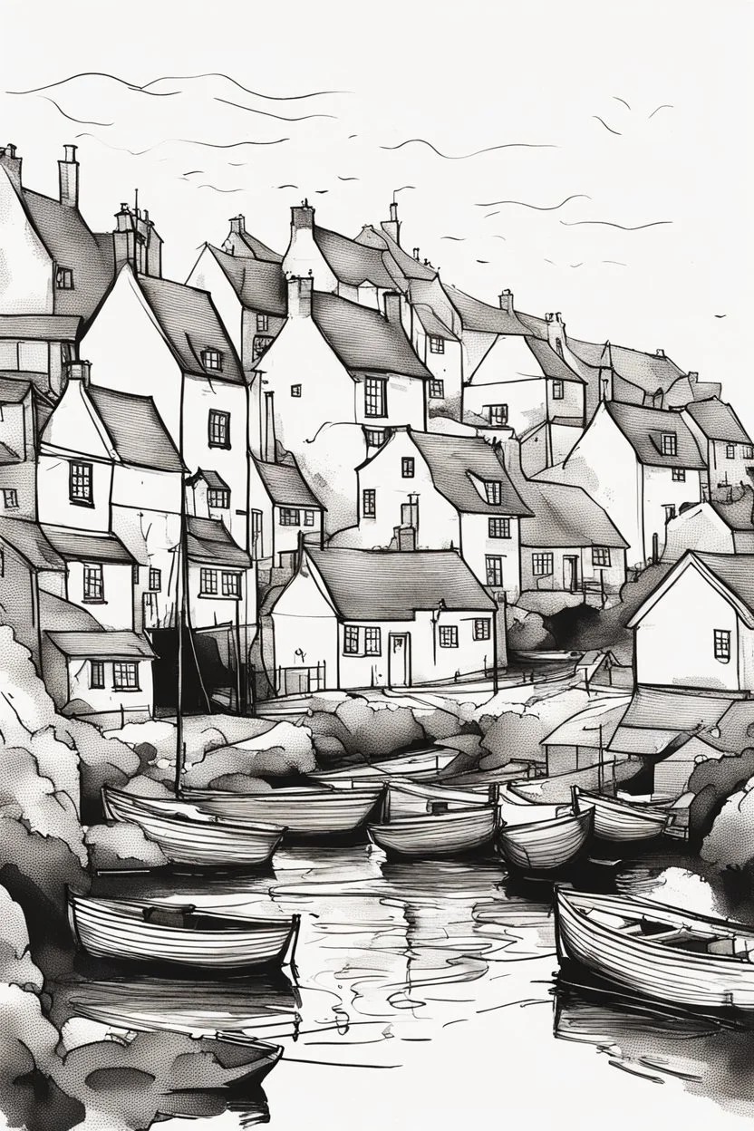 English fishing village blotchy ink minimalist loose outline sketch