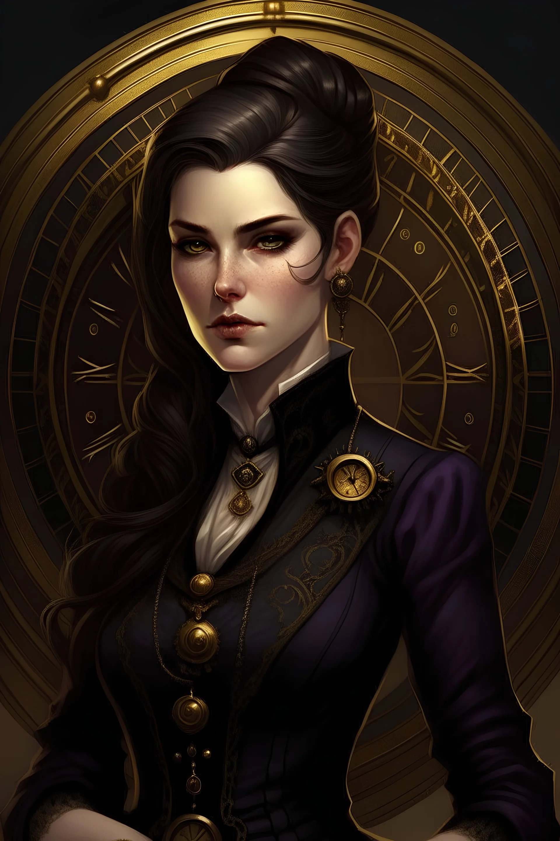 A fantasy Archduchess who is Austere and imposing yet elegant woman with thin, Victorian features, deep violet eyes and long, black, braided hair. She wears a slim black suit with gold accents and has a pin on her chest that is gold in the shape of a clock. She looks angry and cunning.