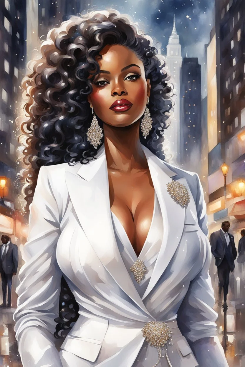 Create a watercolor image of a curvy African American female wearing a white business suit with white heels. Prominent make up with hazel eyes. Highly detailed very long extremely curly black hair. She is wearing silver and diamond Jewely that shines of the lights. Her skin is smooth and silky. Background of a busy city street