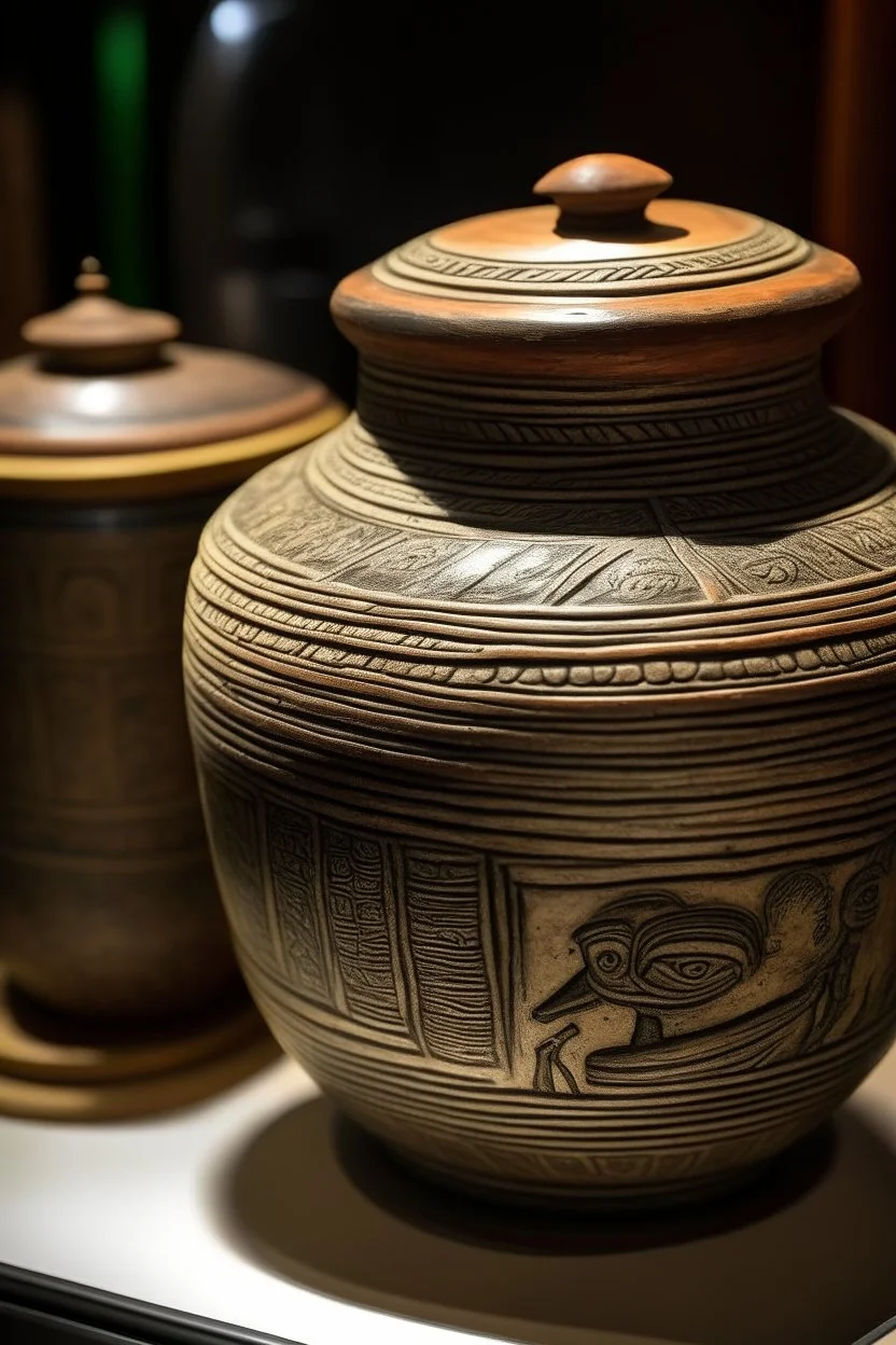 جرة منقشة بنقشات فرعونية واعلاها صحن منقش