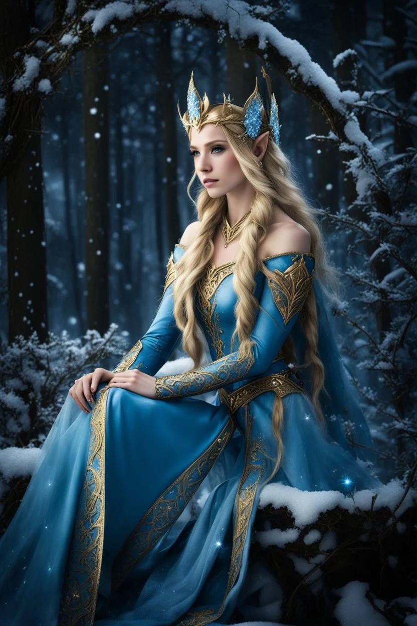 Elven princess,elven crown,long blonde golden hair,rapunzel hair,ice flowers,beautiful,light blue,dark blue,golden armor,sparkle,glitter,ice flowers,snow,elven ears,dark fairy princess