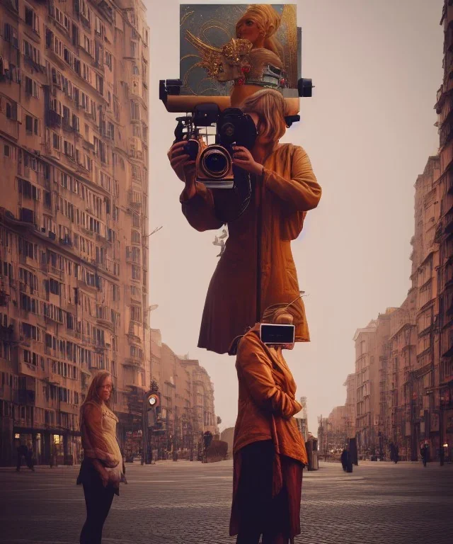 Statue of Queen of photography. Cute blonde woman. Photographer in golden crown. Standing on the street. Big camera in her hand. hyperdetailed, photorealistic, trending on artstation, greg rutkowski, beksinski, kodachrome, lomography, golden hour, bokeh, volumetric light