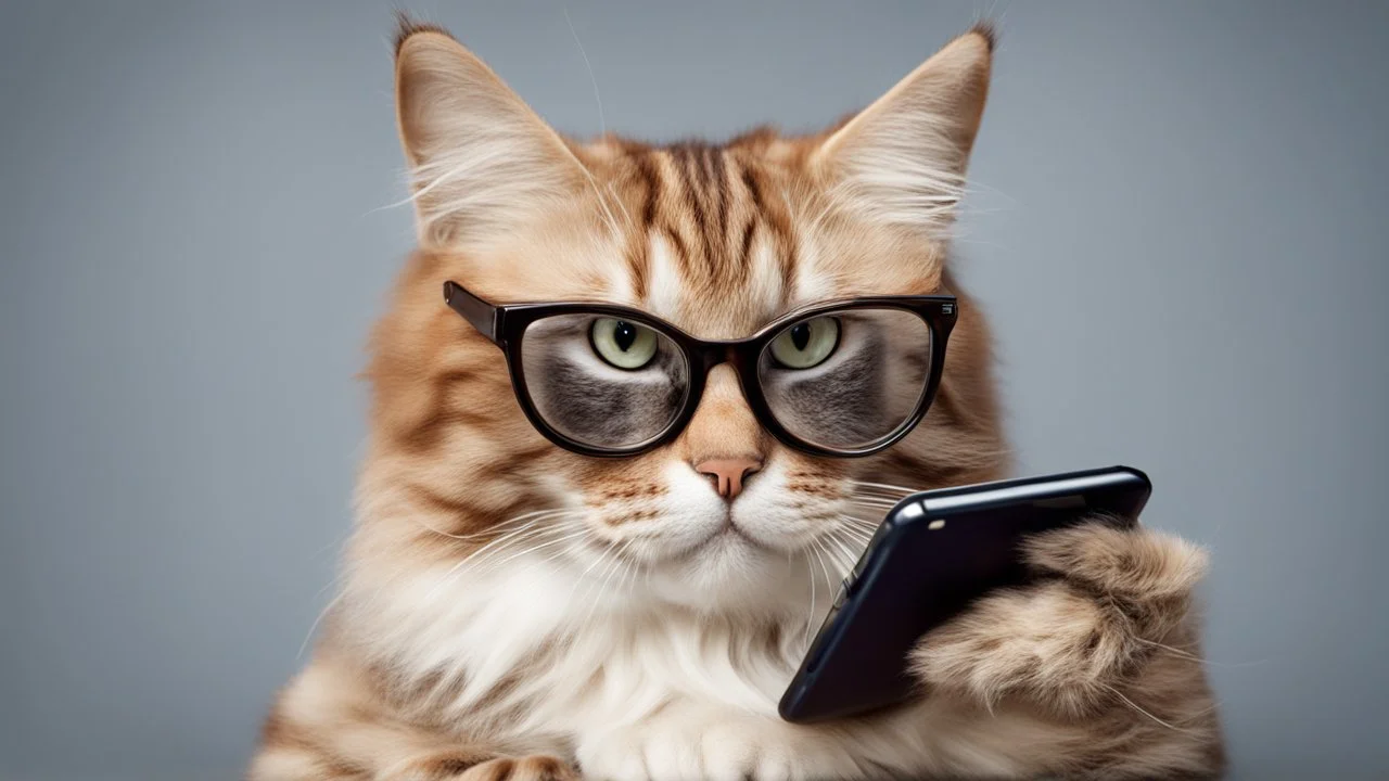 very clever cat with glasses and with smartphone.