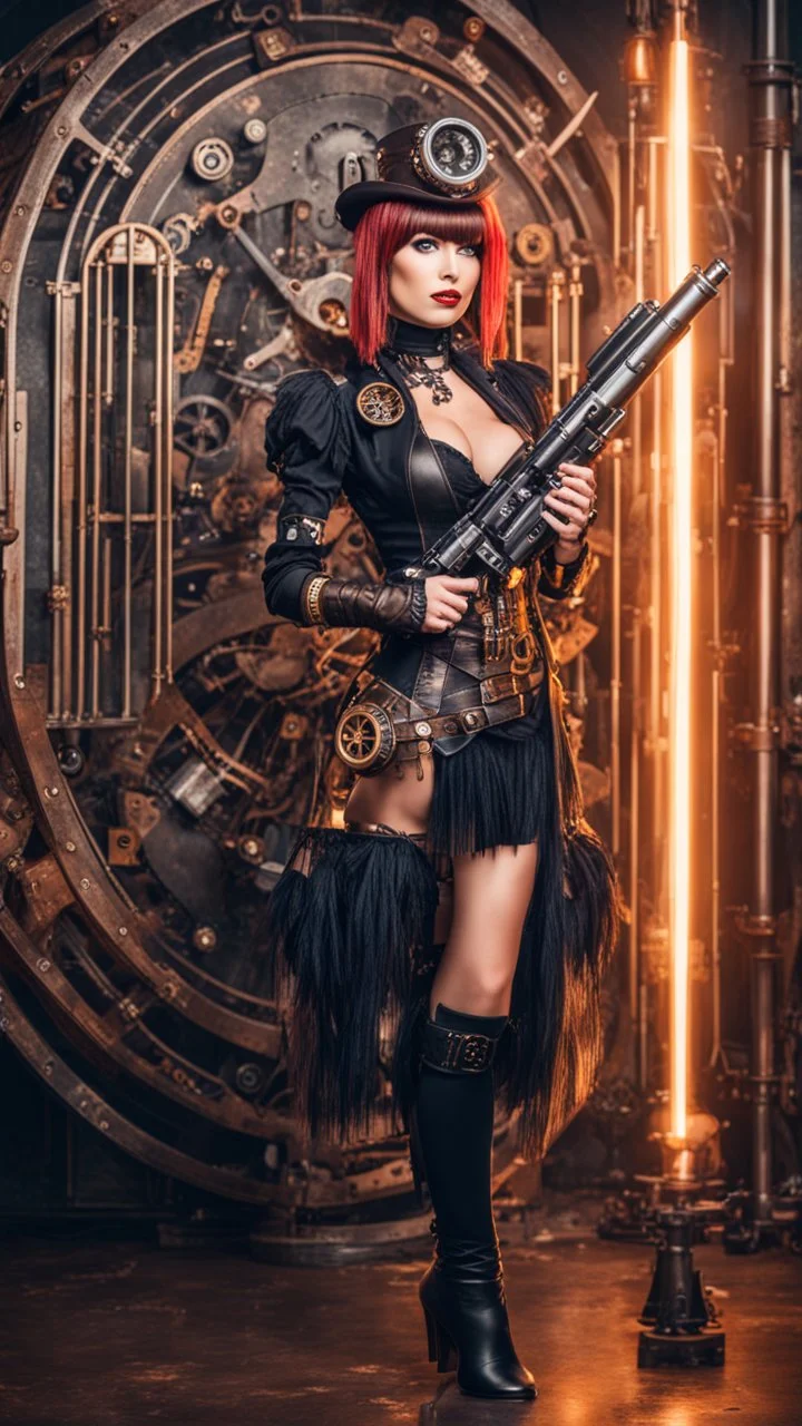 Full Body photo of a steampunk burlesque Woman With straight hair and a Fringe Hairstyle, holding a laser gun, sci-fi steampunk Background