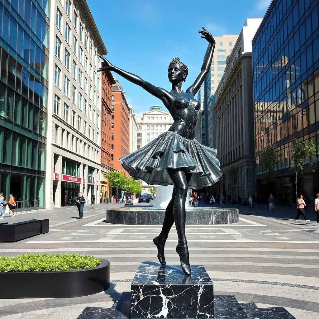 photo of a statue of ballerina made of black marbel in a modern city center