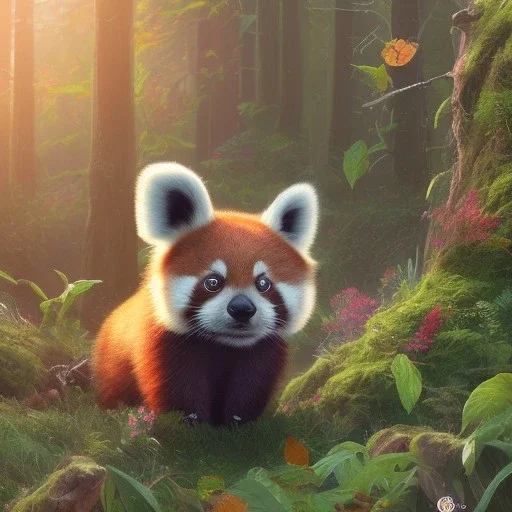 pixar art style of a super cute baby red panda in natural environment, vivid color, full body, by mobeius, au naturel, hyper detailed, digital art, trending on artstation, cinematic lighting, studio quality, smooth render, unreal engine, octane render, art style by klimt and nixeu and ian sprigger and wlop and krenz cushart