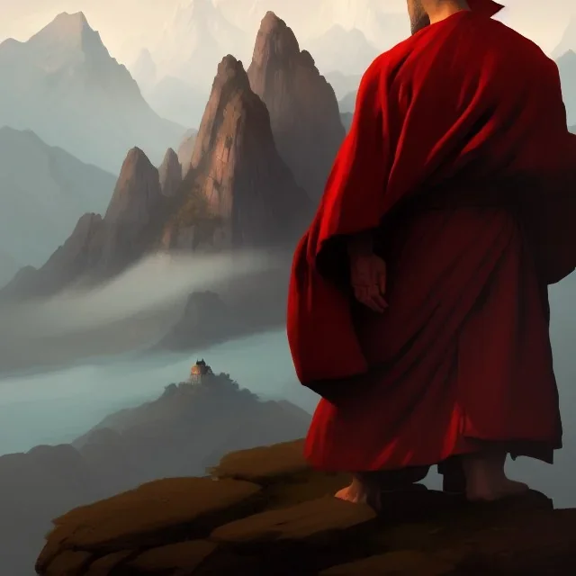 Portrait of a monk, red robe, mountain background, fog, grimdark, Frank Frazetta, Greg Rutkowski, hyperdetailed, dnd, trending on Artstation, Splash screen art, dynamic lighting, hyperdetailed, intricately detailed, a masterpiece, 8k resolution