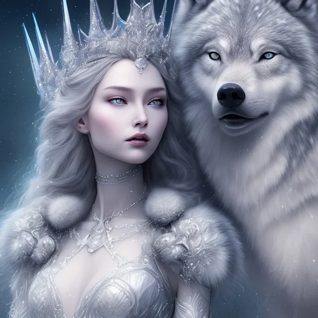 gorgeous goddess of ice and snow wearing a crystalline ice crown and standing next to a beautiful gray wolf, centered in frame, 8k resolution, high-quality, fine-detail, iridescent, intricate, digital art, detailed matte, volumetric lighting, beautiful, illustration, 3D octane render, margaret weiss, brian froud, howard lyon, selina french, anna dittmann, annie stokes, lisa parker, greg rutowski,