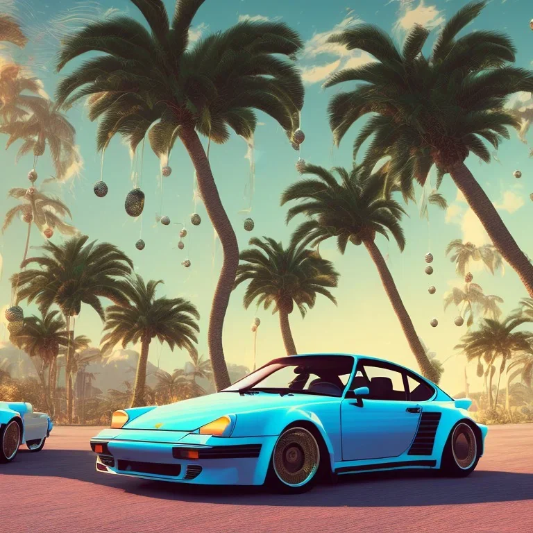 1980's aesthetic vaporwave palm trees and spheres and Porsche with lightning