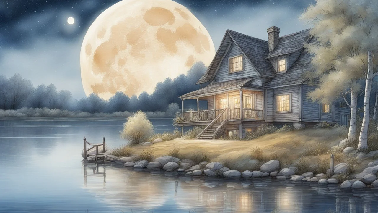 3d render, night sky, huge bright moon, stars, very beautiful village house by the lake, two white birches, highly detailed, bright rustic landscape, botanical realism,Watercolor plus pencil, a masterpiece of highly artistic and digital painting, a work of art, a lot of details, sharp focus, hyperdetailing, huge drawing along the contour with ink, hyperrealistic, thin lines, botanical art, bright colors, gently, Perfect reflexes, a game of shadows, beautiful, dark botanical Claudt Monet,Mqrtin