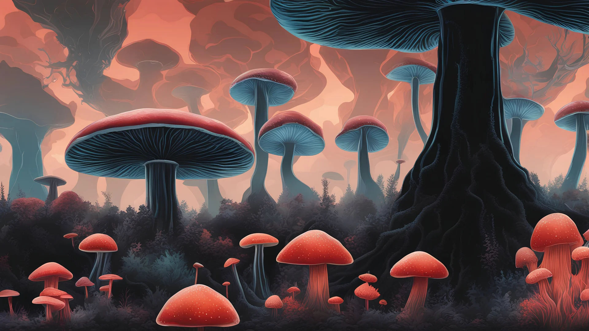 Exotic Flora, fauna, mushrooms, fungi and coral dripping black liquid in a Multiverse background