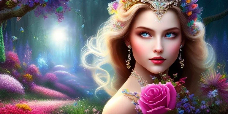 bright fairy, beautiful portrait, flowery landscape