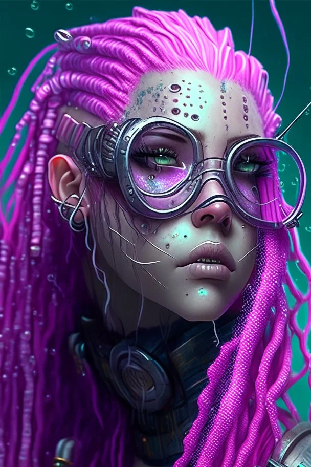 mermaid cyberpunk some fish scales on face pink hair dreadlock welder's glasses