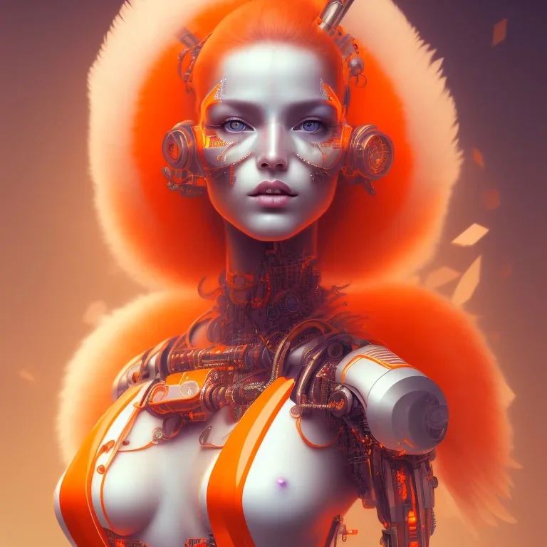 A beautiful portrait of a cute cyborg woman orange color scheme, high key lighting, volumetric light high details with white stripes and feathers and indian paterns