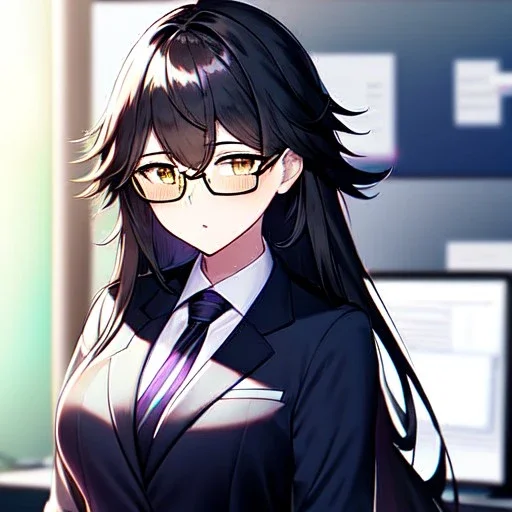 Clear focus, 8k, high quality, detailed, beautiful lighting, girl, vibrant colors, black long hair, vibrant golden eyes, office clothes, glasses, messy hair,