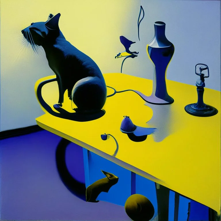 Abstract painting formed by a mix of human flesh-like surgical instruments and universe-like neuralink, a cat looking at a pigeon inside a huge bulb between light and shadow at dusk,surrealism,minimalism,Painting By Adrian Ghenie, Rene Magritte, Salvador Dali, Lucian Freud