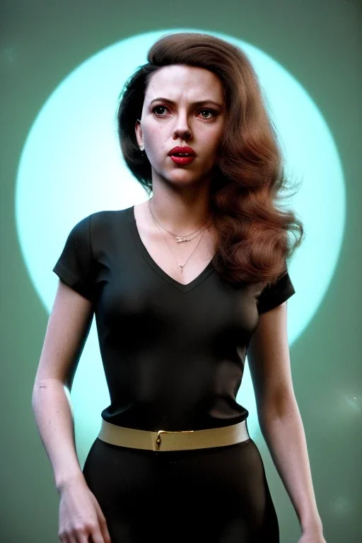 retro portrait image from 1960, New York explosion, long hair, young Scarlett Johansson, classic black tight lycra suit, weapon metal sticks, gold bracelet and belt, high heel boots, soft color, highly detailed, unreal engine 5, ray tracing, RTX, lumen lighting, ultra detail, volumetric lighting, 3d, finely drawn, high definition, high resolution.