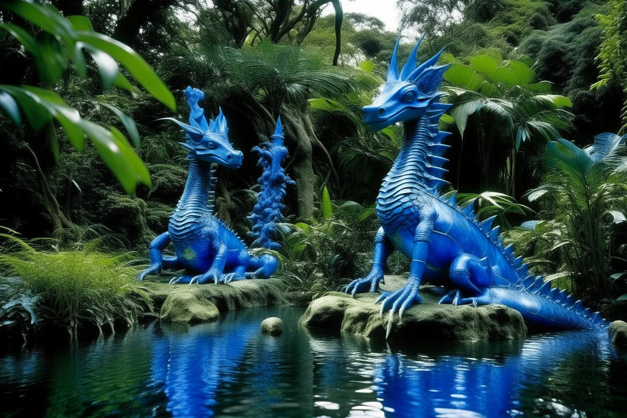 A blue watery coast with water dragons near a rainforest designed in Hawaiian tiki statues painted by Piet Mondrian