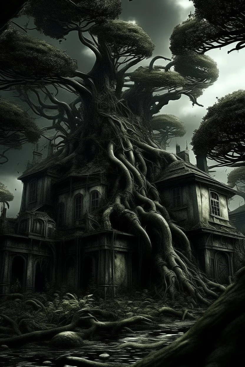 scary dark mushroom city in the forest