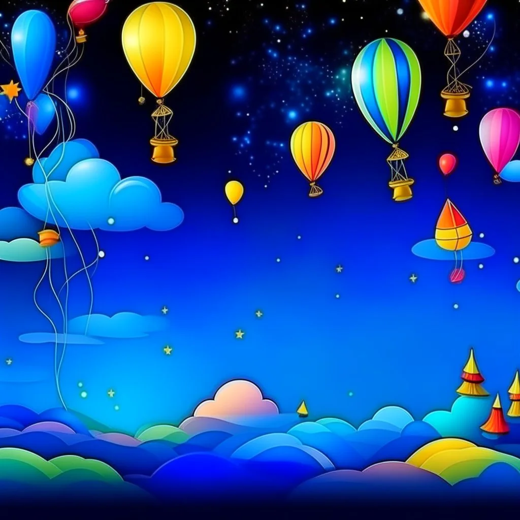 birthday party in the sky at night, on the clouds, with colorful light bulbs, garlands, pennants, balloons, confetti, party spirit, music, the stars shine and dance, paul klee style