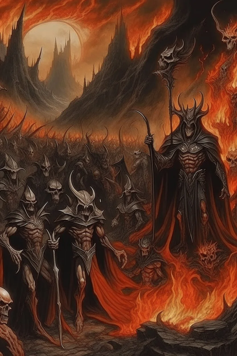 A picture of hell with hellish people in torment Sauron, the lord of darkness, with the devil and his army, in the land of destruction