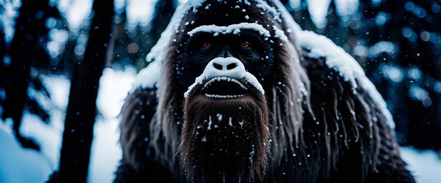 close up documentary photography, Yeti, bigfoot, Hominidae, National Geographic, weird, Dystopian, Japanese, Extreme depth of field, bokeh blur, winter, blizzard, Alberta, all-natural, in the style of candid, imperfection, natural lighting, Professional shot, shot on Agfa, Fuji Film, Anamorphic lens, 1980s, --ar 4:5 --w 150 --style raw