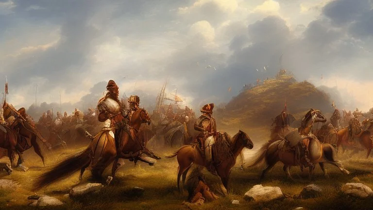 large encampment of men and horses on the plain