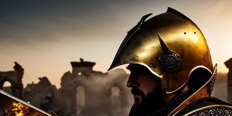 apocalypse, chaotic, magnificent, realistic, colorful, massive, epic, ray tracing, cinematic, 8k, HD, Ultra High Definition, photo film, film grain, hyper-detailed, 2 old tarnished ornate rusty Hyper detailed Gold Medieval Knights helmet with glass visor covering face and matching suit of armor, background with colorful destroyed ancient ruins