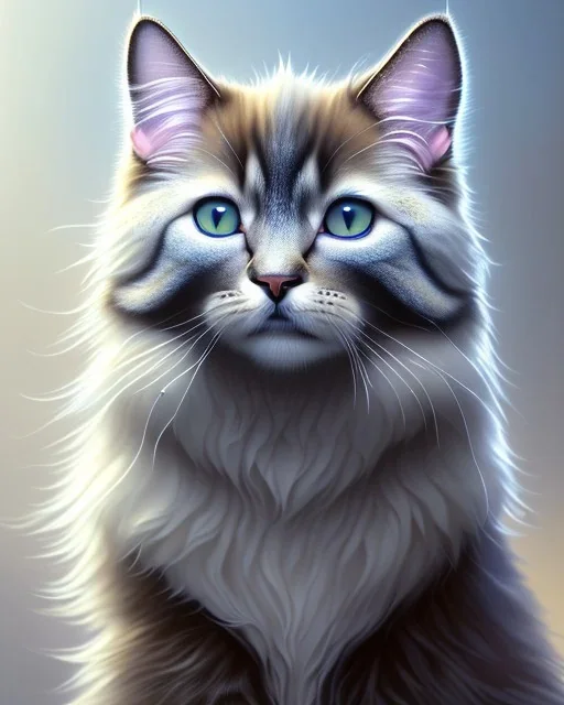 A cute fluffy Cat, full-scale head and shoulders portrait, 8k resolution concept art portrait by Greg Rutkowski, Artgerm, WLOP, Alphonse Mucha dynamic lighting hyperdetailed intricately detailed Splash art trending on Artstation triadic colors Unreal Engine 5 volumetric lighting Splash art fantasy"