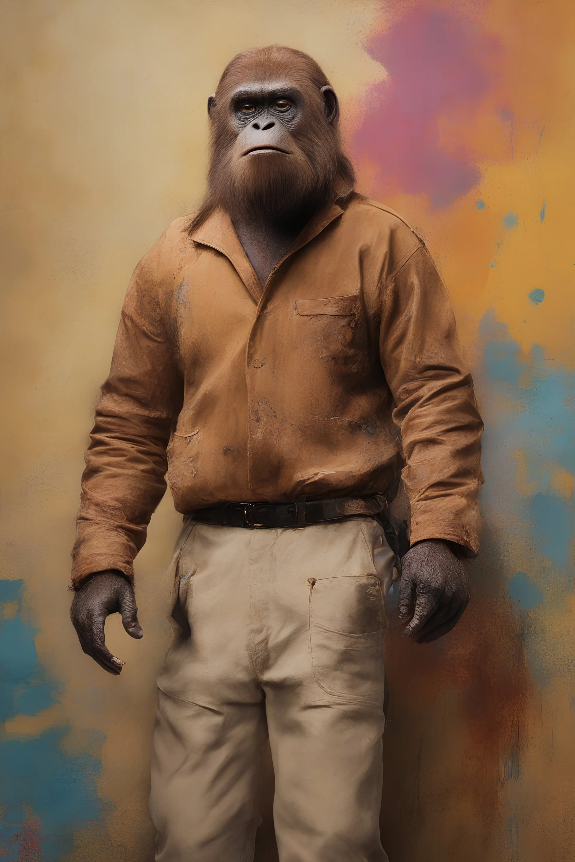 Doctor Zaius the orangutan from Planet of the Apes wearing an auburn-tan jacket, cream colored shirt, light auburn-tan khaki trousers with black slip-ons - extremely colorful, multicolored paint splattered wall in the background, oil painting by Leonardo da Vinci