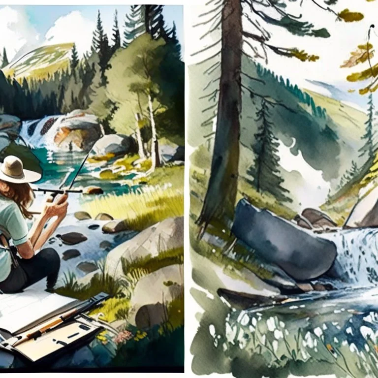 Illustrate a scene of artists exploring the wonders of Norwegian nature, sketching en plein air amidst forests, waterfalls, and meadows, showcasing the role of inspiration from nature in artistic endeavors.